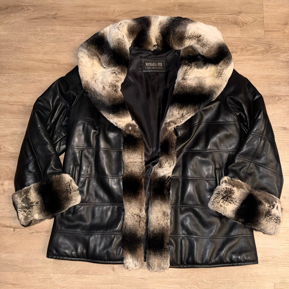Vintage Black Leather Jacket with Faux Fur Trim